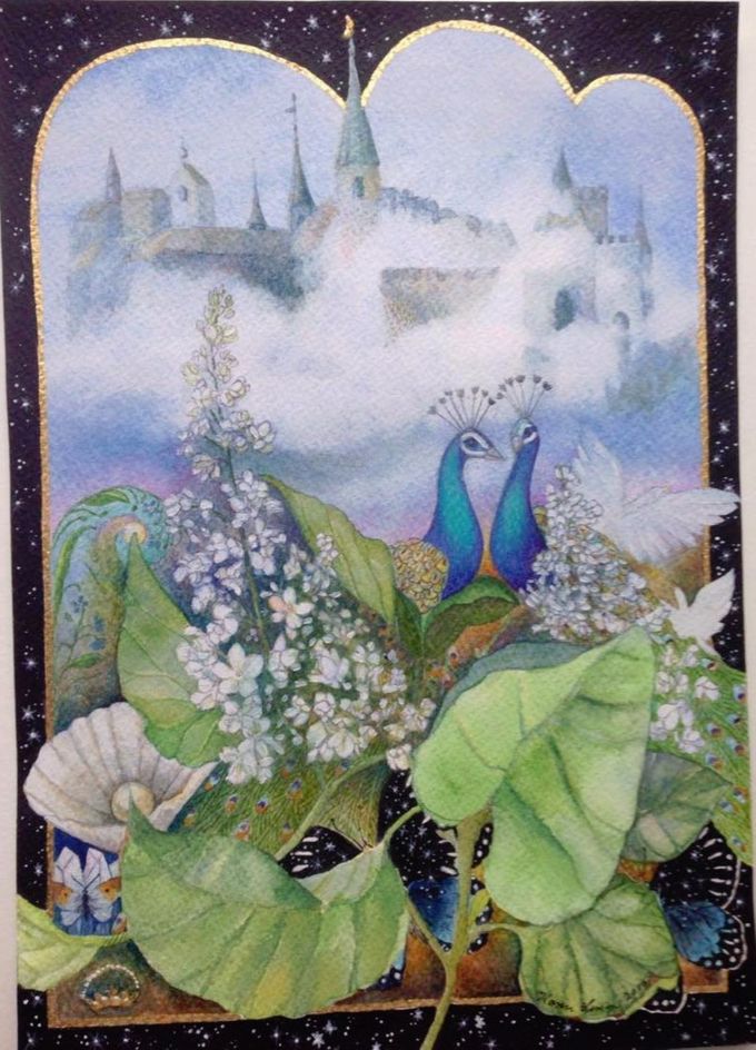 Påfugle foran et tågefyldt slot. Akvarel i A4 str. 700kr. incl. forsendelse.