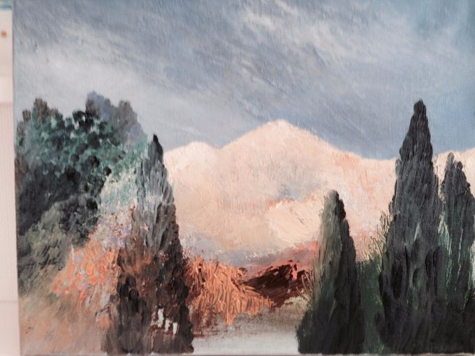 Titel: Det gyldne bjerg,abstrakt naturalisme.40X32cm.3000kr. Solgt.