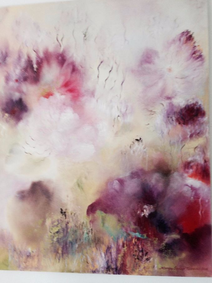 Titel;franske anemoner,abstrakt-naturalisme.150X100cm.10000kr.solgt.