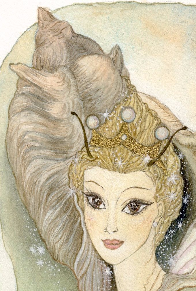 Alfedronning Titania som ung pige i en muslingeformet ramme.
malet i akvarel, str.A4,700kr. incl. forsendelse Bestilling ventetid 14 dage.