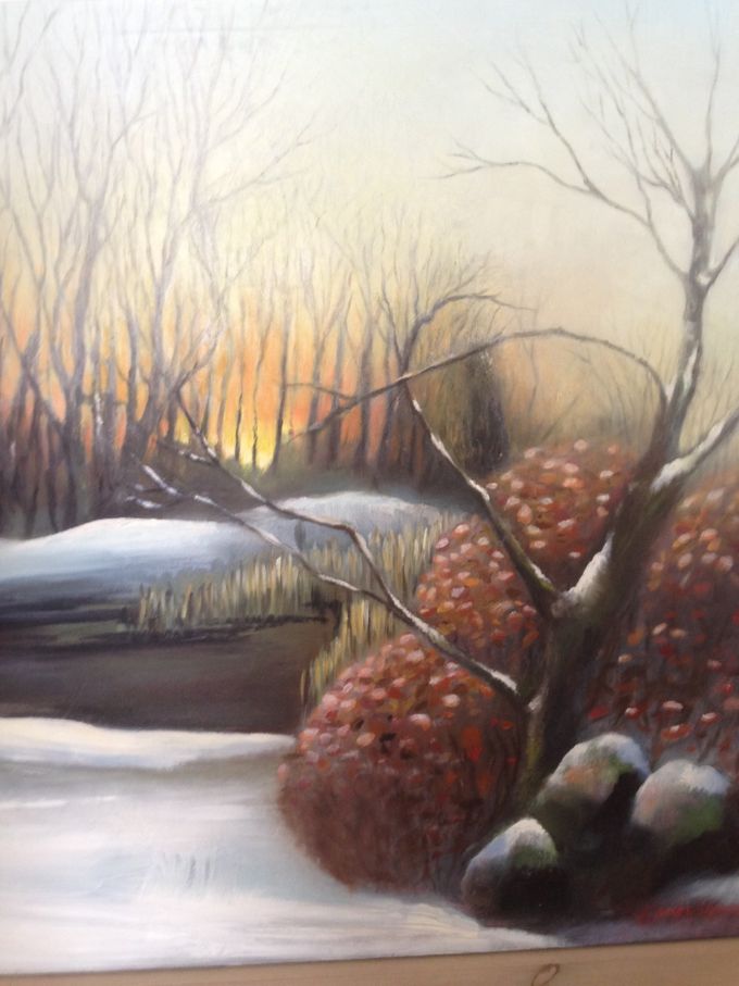 Vinterstemning, olie på lærred 100x100cm. 8000kr.incl.forsendelse, ring og bestil på 21376789 eller mail:karintavares@ gmail.com mobilpay:21376789