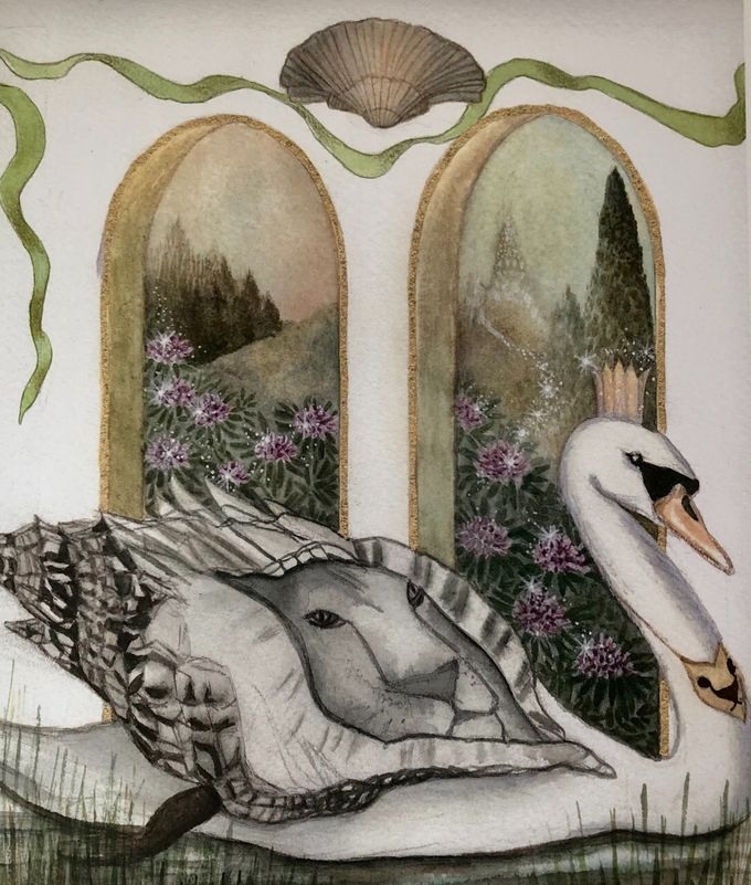 Den kongelige alfe-svane med løvesymbol og konkylien gemt i sin fjerdragt. Udsnit af en eventyr akvarel og en hyldest til H.C.Andersen. kan købes som plakat:30x30cm.150kr.incl. forsendelse kort:15x15cm.25kr. plus forsendelse.

